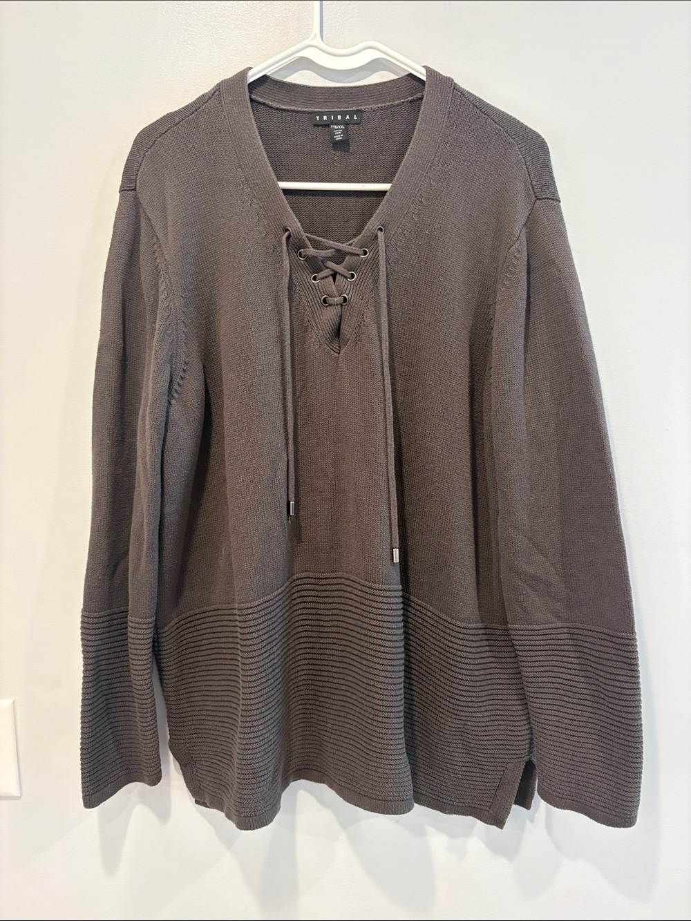 Tribal Brown Lace-Up V-Neck Sweater ptp 24